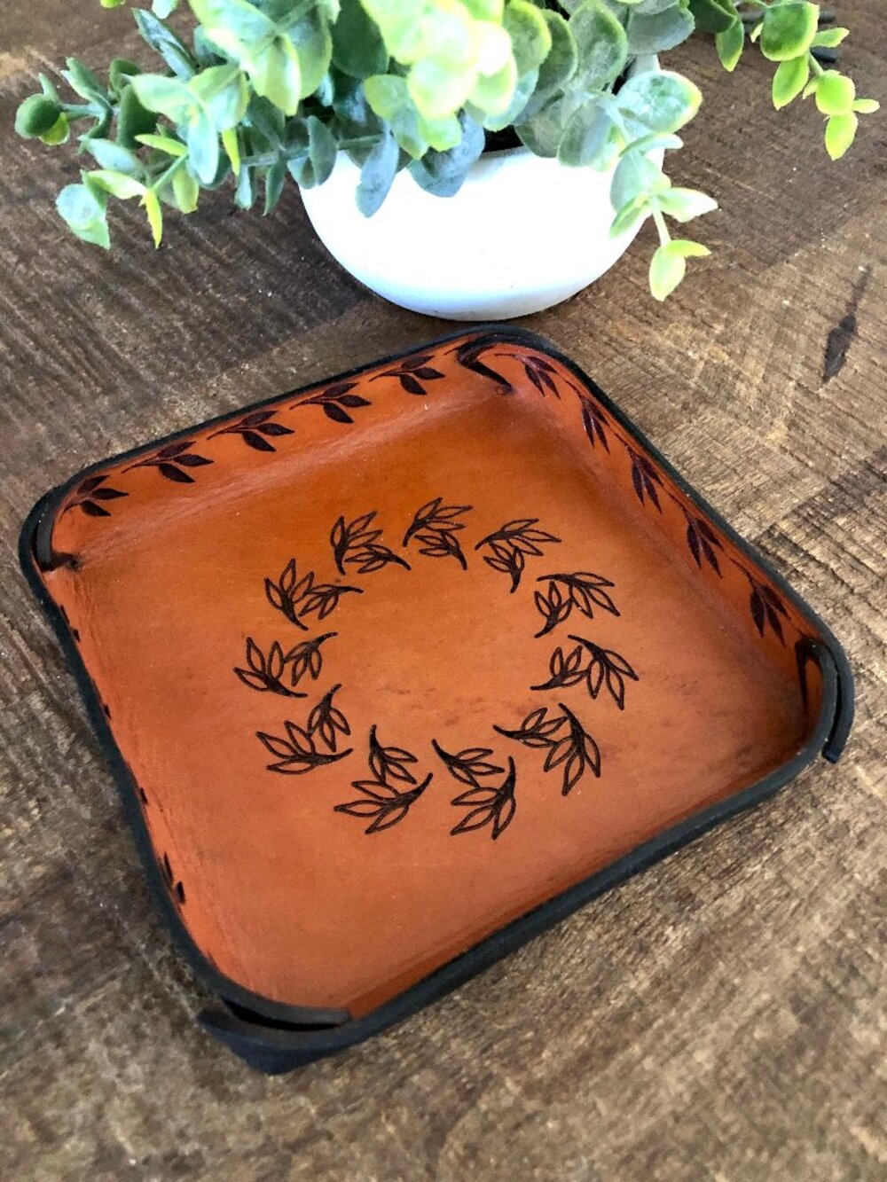Handmade Leather Catch All Tray: Leaf Motif, Small Square Jewelry Key Tray